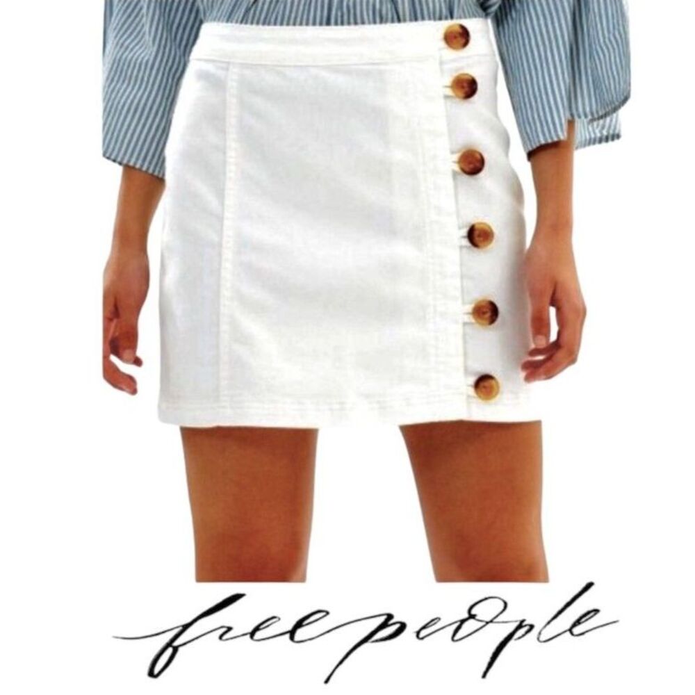 Free People White Mini Skirt with Side Button Accent